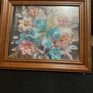 Floral Beaded Artwork in Wooden Frame